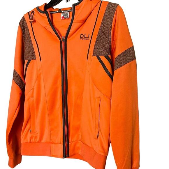 DLJ Sportswear Fluorescent Orange Zip Up Hooded Two Pocket Track Jacket Size L - Picture 1 of 13